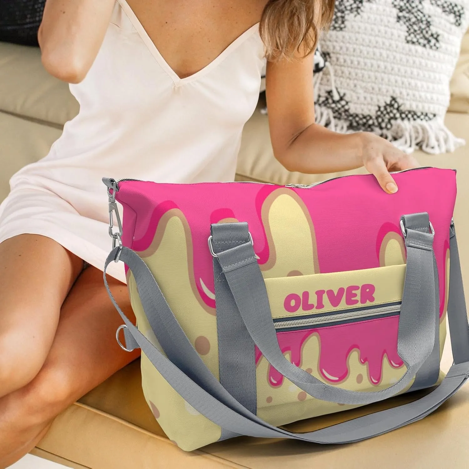Personalized Pink Drippings Point on Yellow Dance Bag Girls Yoga Bag Dance Bag With Name,Patch Travel Duffel Bag Women Cheerleader Bag Sport Duffle Bag for Gym Ballet