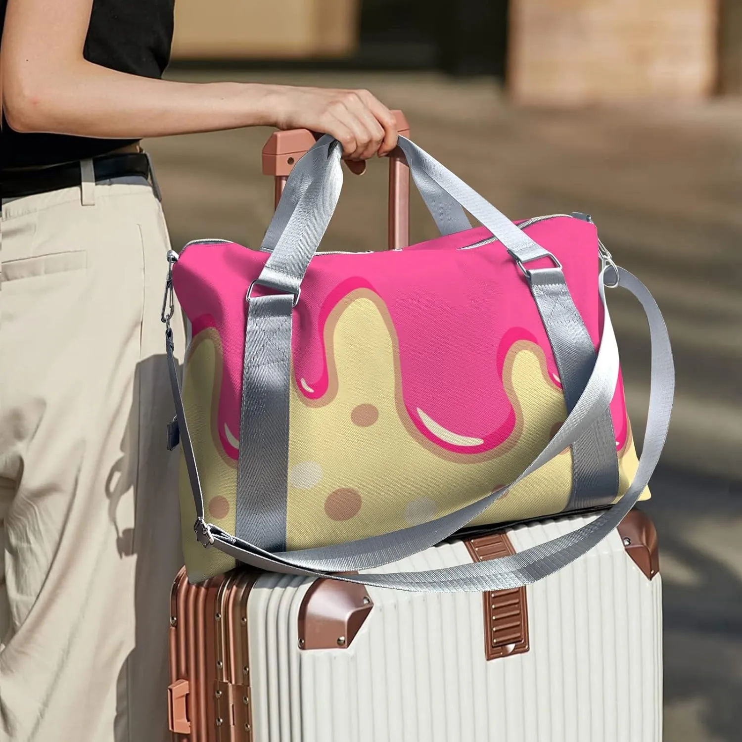 Personalized Pink Drippings Point on Yellow Dance Bag Girls Yoga Bag Dance Bag With Name,Patch Travel Duffel Bag Women Cheerleader Bag Sport Duffle Bag for Gym Ballet