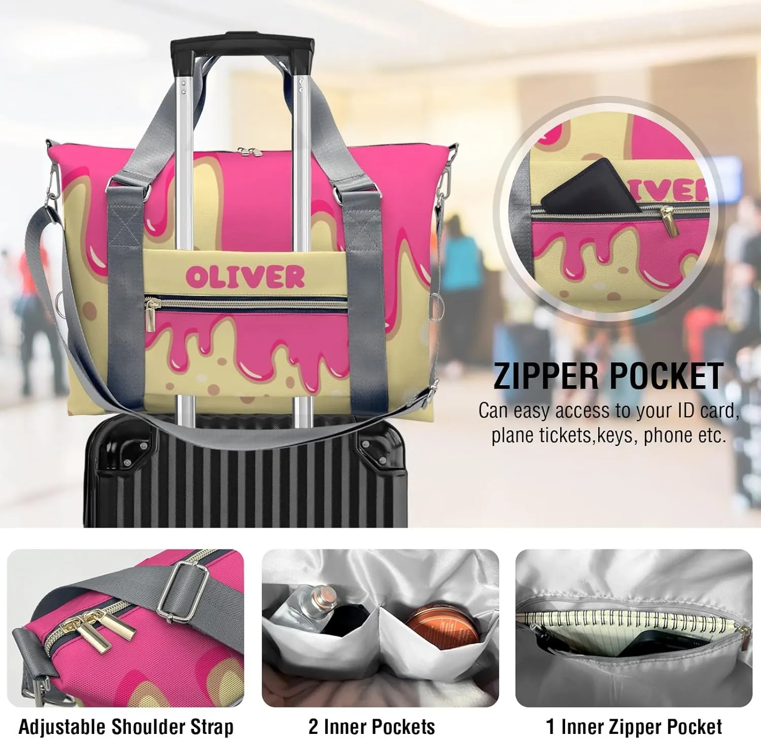 Personalized Pink Drippings Point on Yellow Dance Bag Girls Yoga Bag Dance Bag With Name,Patch Travel Duffel Bag Women Cheerleader Bag Sport Duffle Bag for Gym Ballet