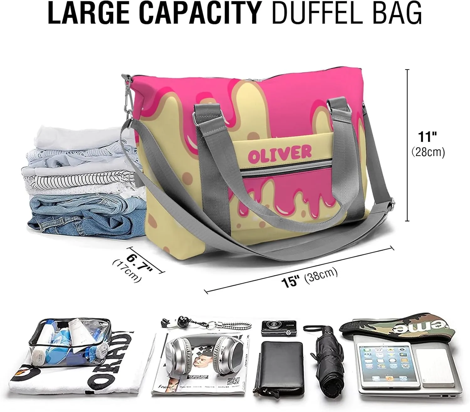 Personalized Pink Drippings Point on Yellow Dance Bag Girls Yoga Bag Dance Bag With Name,Patch Travel Duffel Bag Women Cheerleader Bag Sport Duffle Bag for Gym Ballet