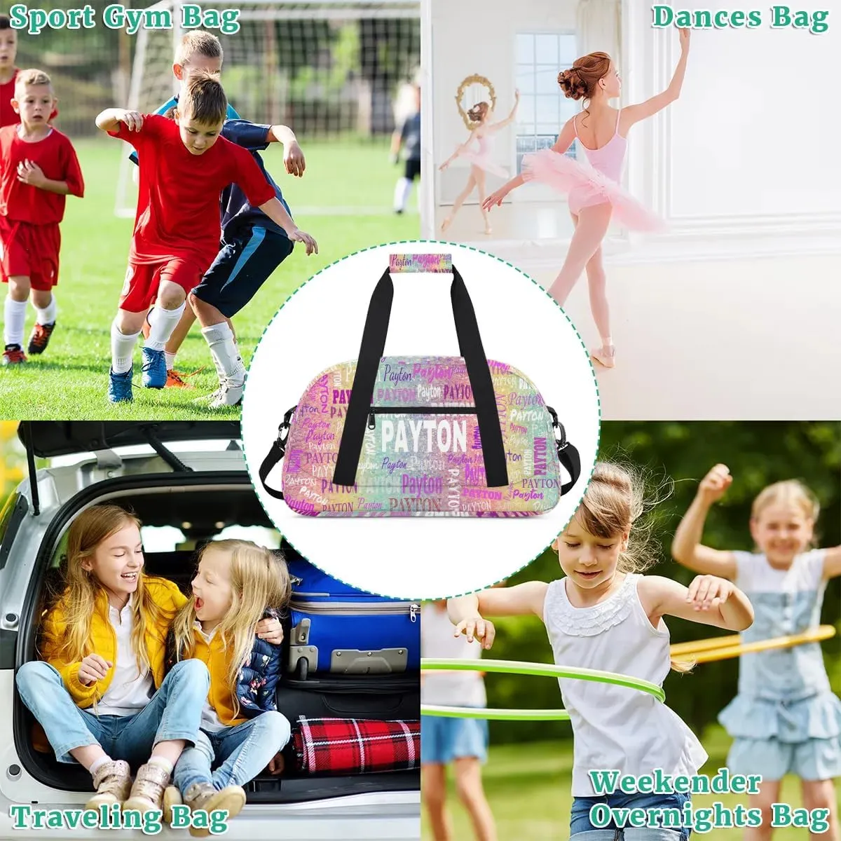 Personalized Sport Dance Gymnastics Bag Girls, Custom Name Carry On Weekender Bag for Women Travel Business Trip, Colorful Pink Green Rainbow Gradient Color, Full Name on Bag
