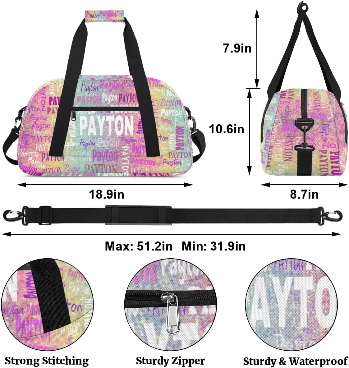 Personalized Sport Dance Gymnastics Bag Girls, Custom Name Carry On Weekender Bag for Women Travel Business Trip, Colorful Pink Green Rainbow Gradient Color, Full Name on Bag