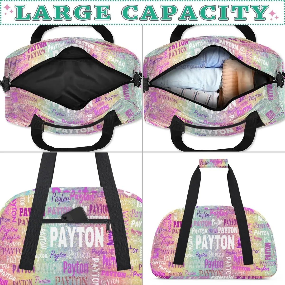 Personalized Sport Dance Gymnastics Bag Girls, Custom Name Carry On Weekender Bag for Women Travel Business Trip, Colorful Pink Green Rainbow Gradient Color, Full Name on Bag
