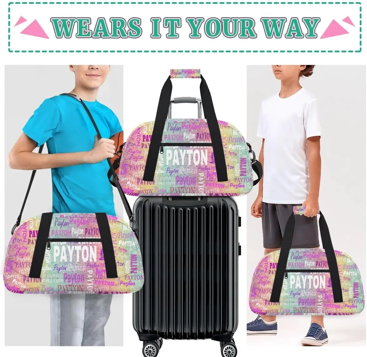 Personalized Sport Dance Gymnastics Bag Girls, Custom Name Carry On Weekender Bag for Women Travel Business Trip, Colorful Pink Green Rainbow Gradient Color, Full Name on Bag