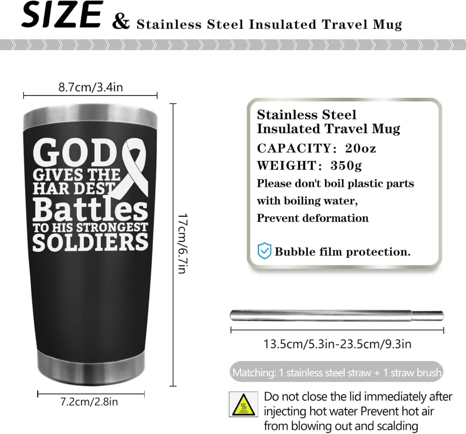Personalized Tumbler God Gives The Hardest Battles To His Strongest Soldiers Tumbler 20 oz Tumbler with Lid and Straw Insulated Tumbler Stainless Steel Tumbler