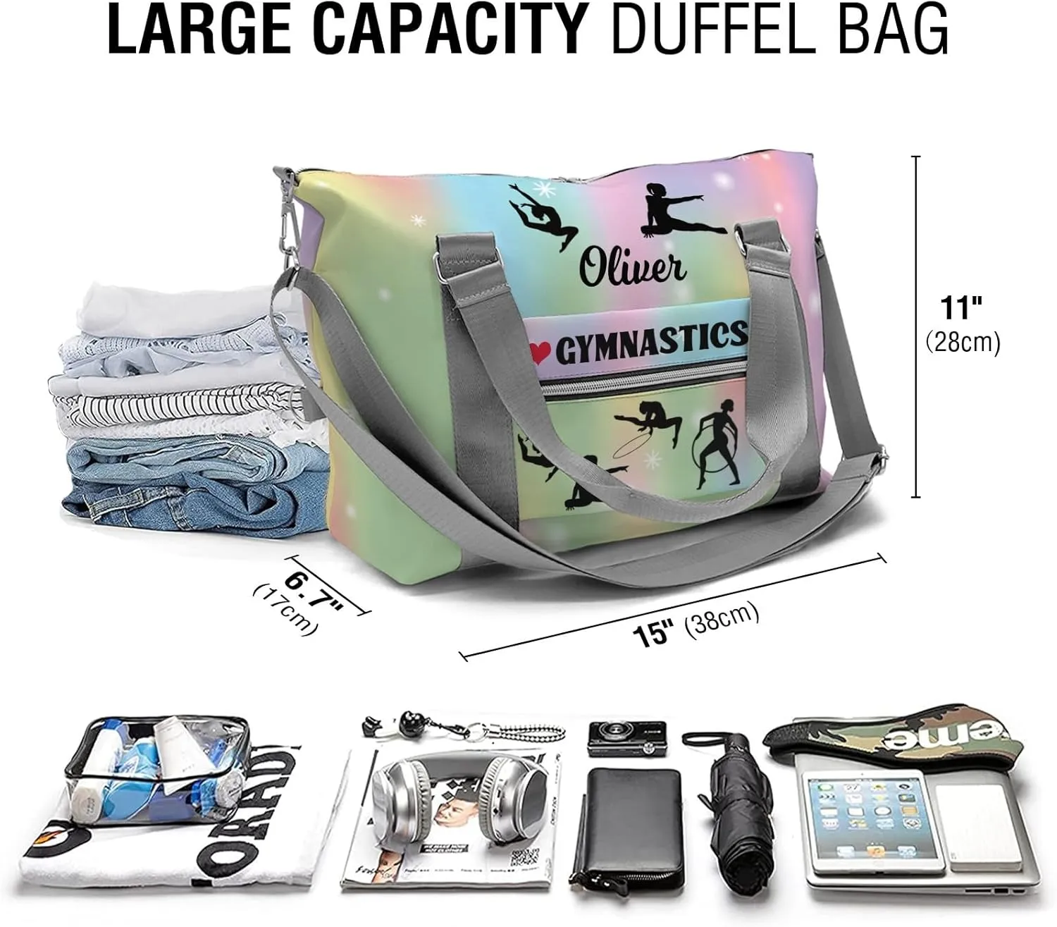 Personalized Unicorn Rainbow LOVE Gymnastics Sport Dance Bag,Custom Duffle Bag Gym Bag Customized Travel Duffel Bag with Name or Text