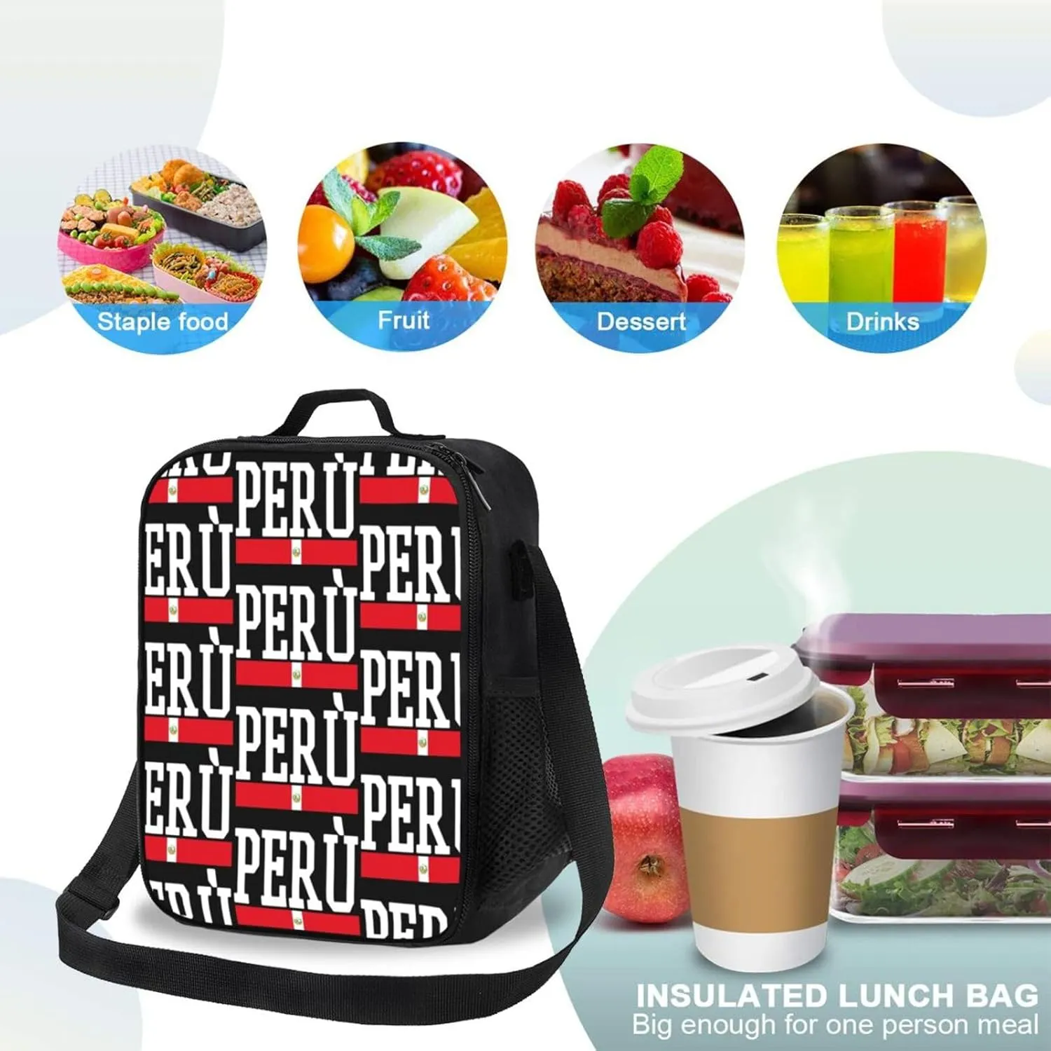 Peruvian Peru Flag Lunch Bag Insulated Lunch Box Portable Crossbody Bags Cooler Tote Bag Adjustable Meal Organizer with Side Pocket for Picnic Work