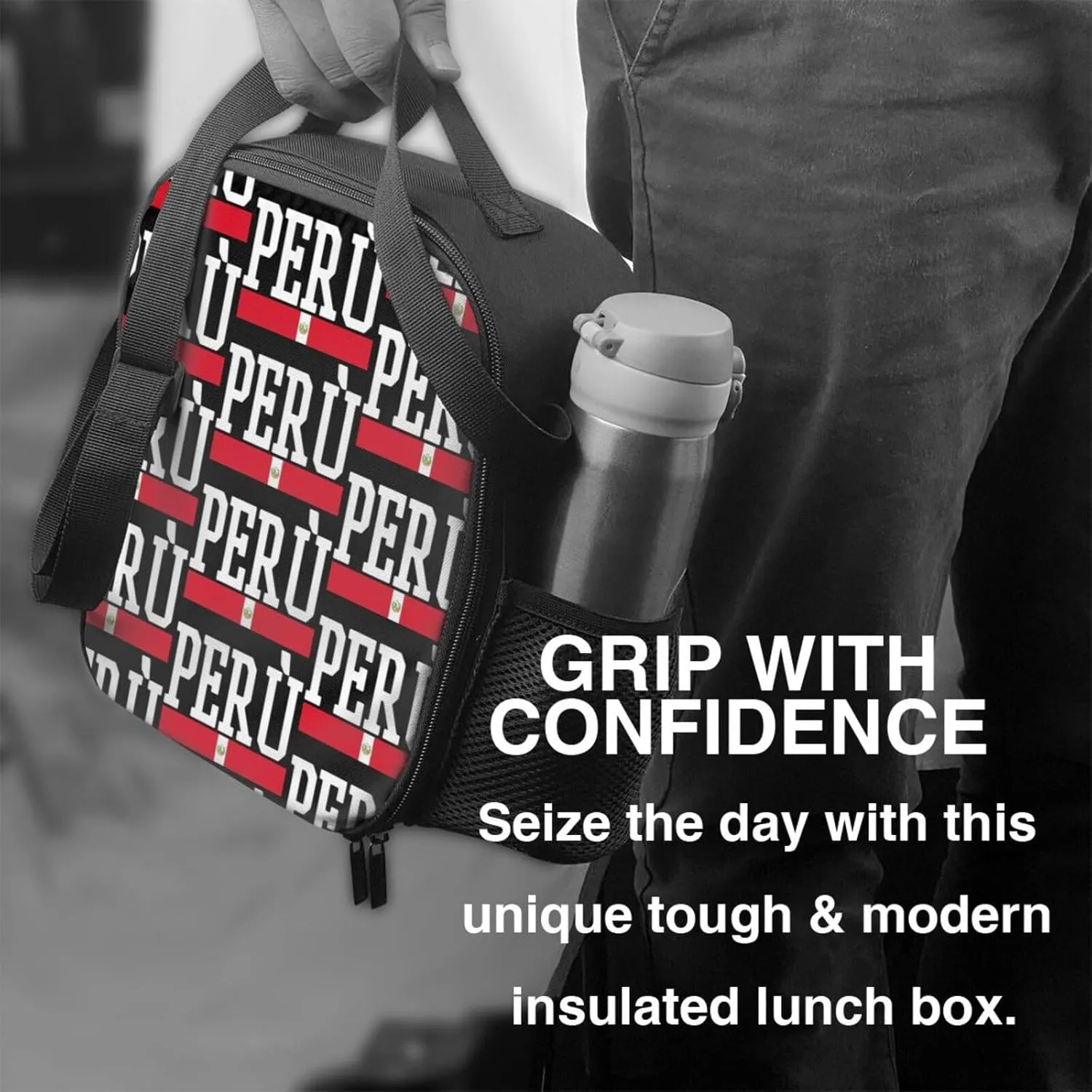 Peruvian Peru Flag Lunch Bag Insulated Lunch Box Portable Crossbody Bags Cooler Tote Bag Adjustable Meal Organizer with Side Pocket for Picnic Work