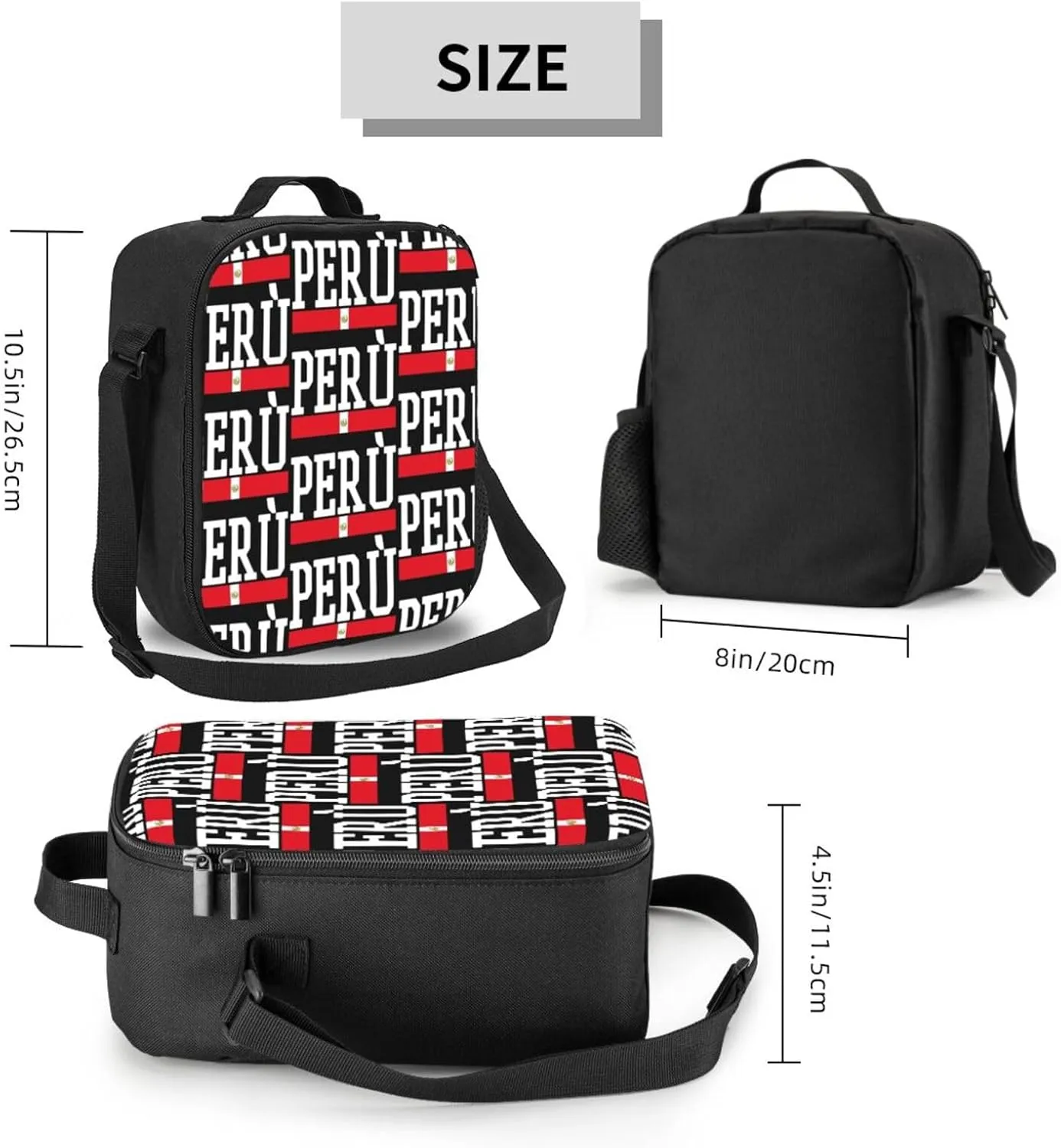 Peruvian Peru Flag Lunch Bag Insulated Lunch Box Portable Crossbody Bags Cooler Tote Bag Adjustable Meal Organizer with Side Pocket for Picnic Work