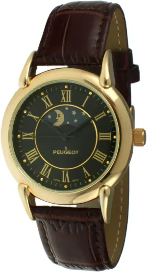 Peugeot Men's 14k Gold Plated Vintage Leather Dress Watch