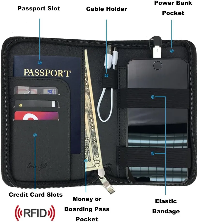 Phone Charging Passport Holder - Travel Wallet with Removable Power Bank holds money, cards, phone, travel docs- RFID Blocking - Compatible with All Phones - Travel Accessories
