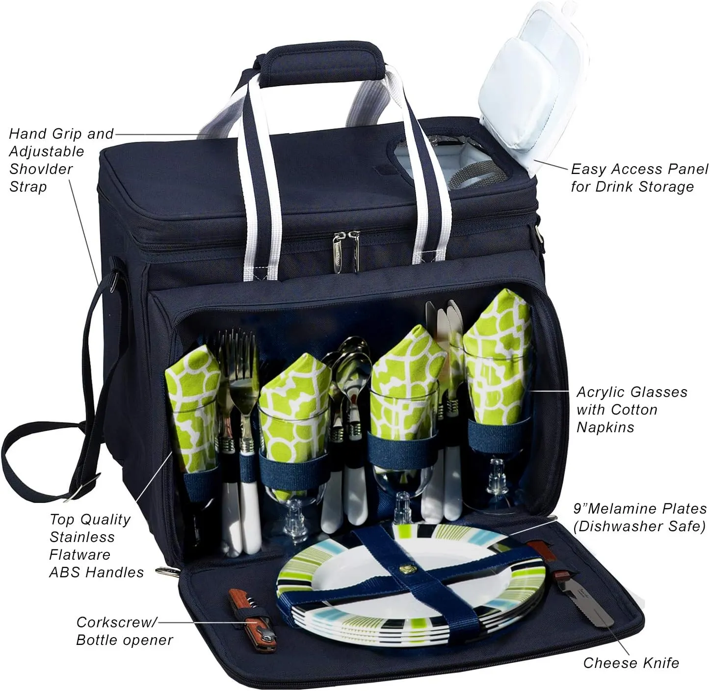 Picnic at Ascot Original Insulated Picnic Cooler with Service for 4 on Wheels-Designed & Assembled in USA