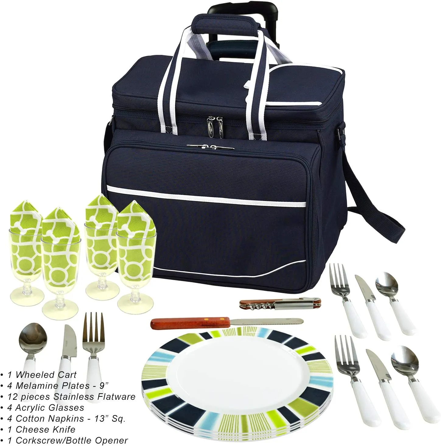 Picnic at Ascot Original Insulated Picnic Cooler with Service for 4 on Wheels-Designed & Assembled in USA