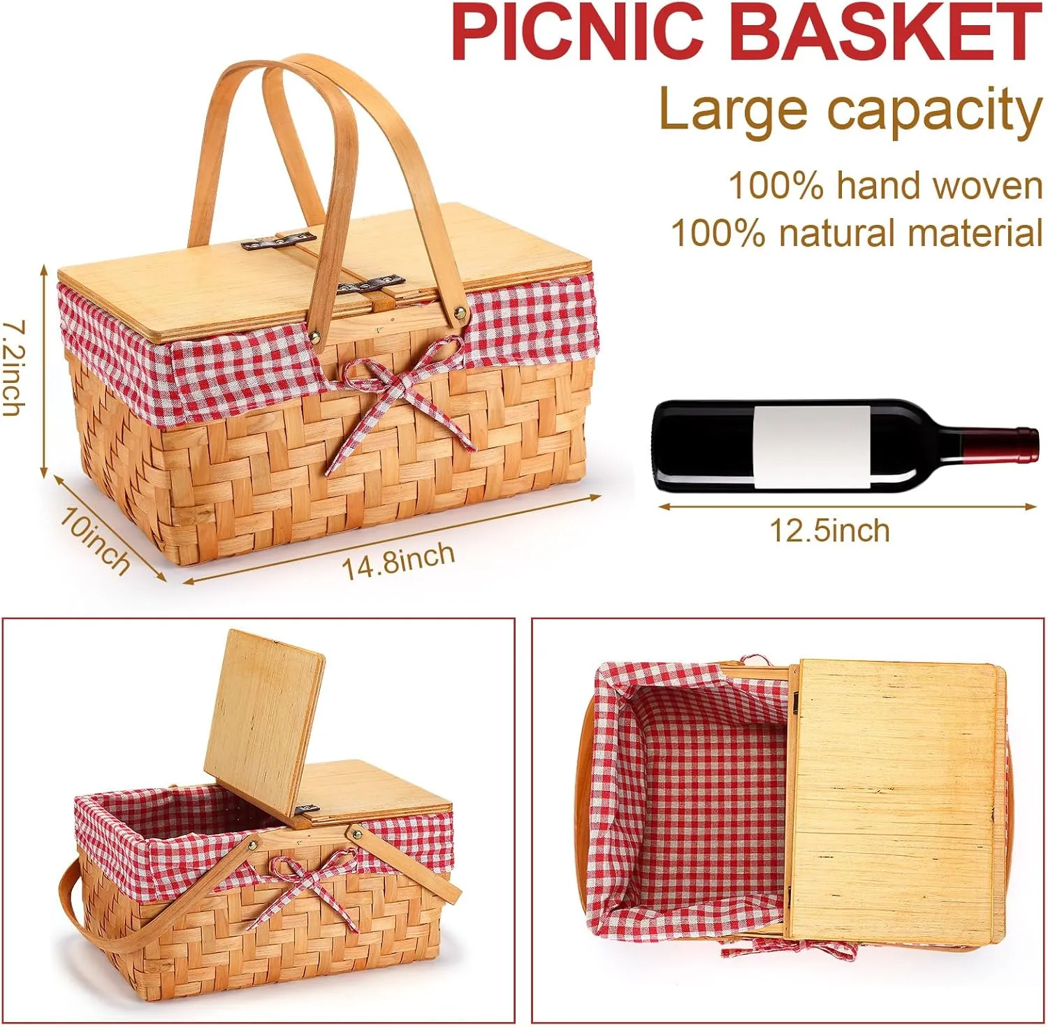 Picnic Basket with Blankets Kit, Handwoven Natural Woodchip Basket with Lid Handle and Extra Large Foldable Waterproof Picnic Mat for Outdoor Camping Beach Grass Party Hiking Travel(Red)