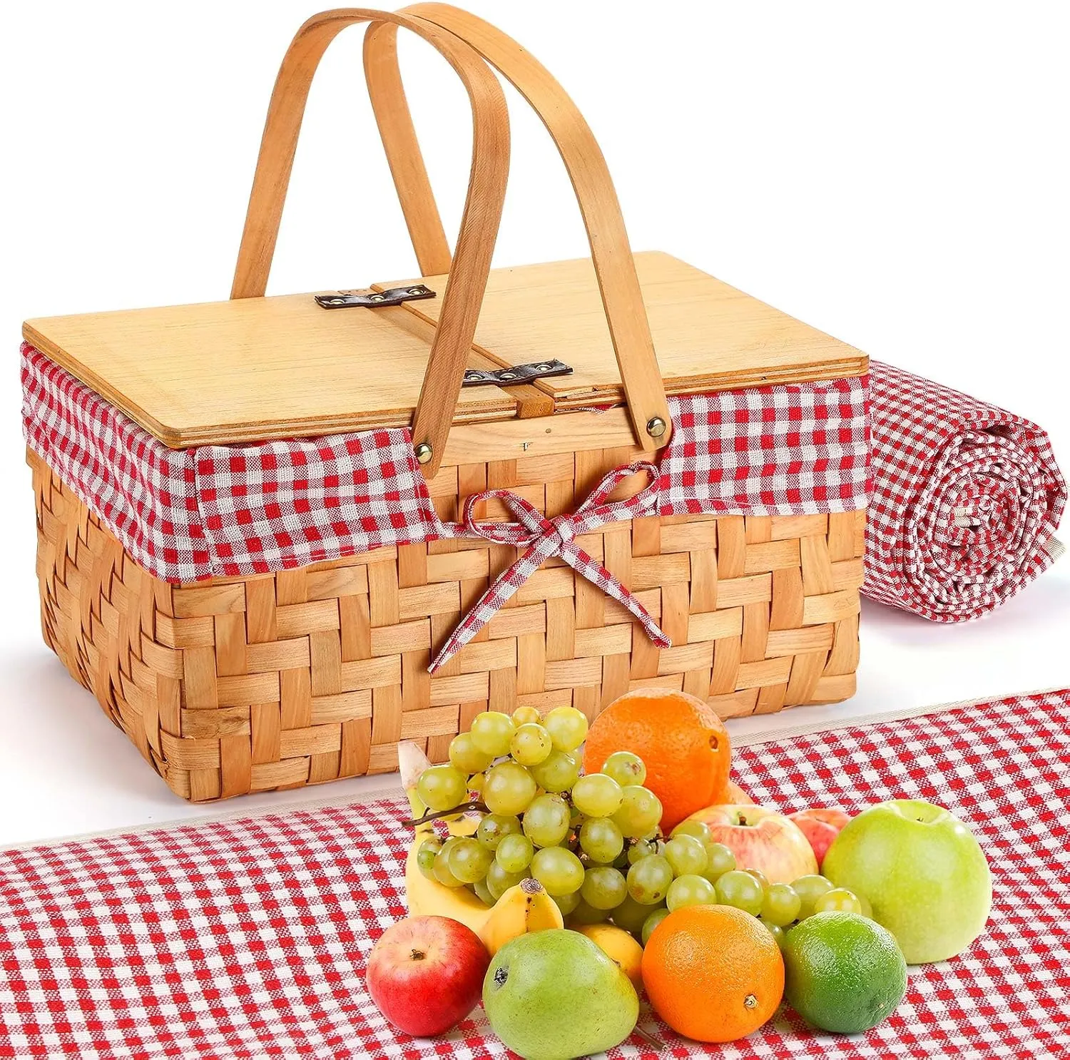 Picnic Basket with Blankets Kit, Handwoven Natural Woodchip Basket with Lid Handle and Extra Large Foldable Waterproof Picnic Mat for Outdoor Camping Beach Grass Party Hiking Travel(Red)