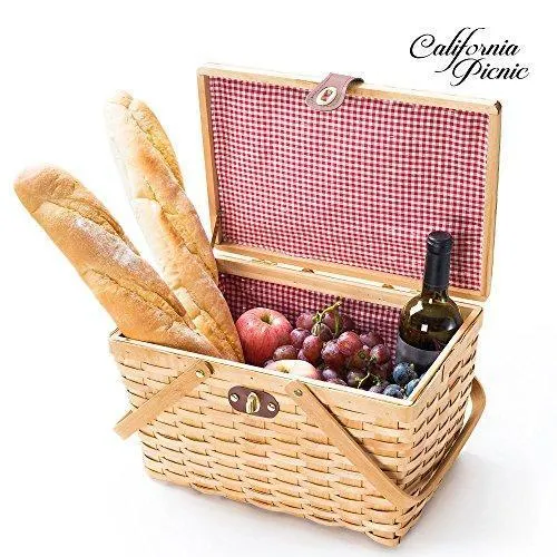 Picnic Basket | Wood Chip Design | Red and White Gingham Pattern Lining | Strong Wooden Folding Handles | Features a Leather Strap Metal Lock for Safety | Natural Eco Friendly Woven Woodchip Basket by CALIFORNIA PICNIC