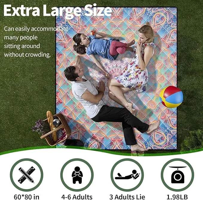 Picnic Blankets 60"x80" Waterproof Portable Outdoor Blanket Sand Proof Packable Beach Mat for Outdoors Camping Essentials Travel Accessories Summer Gifts for Women Adults Who Have Everything