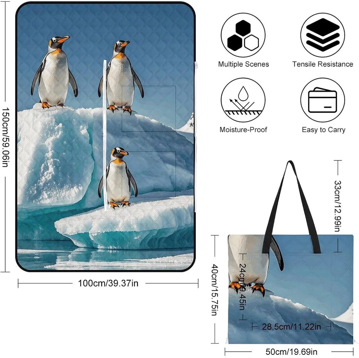 Picnic Blankets Waterproof Picnic Mat Foldable Beach Mat Penguins On The Iceberg Large Outdoor Blanket for Camping, Park, Travel, Hiking