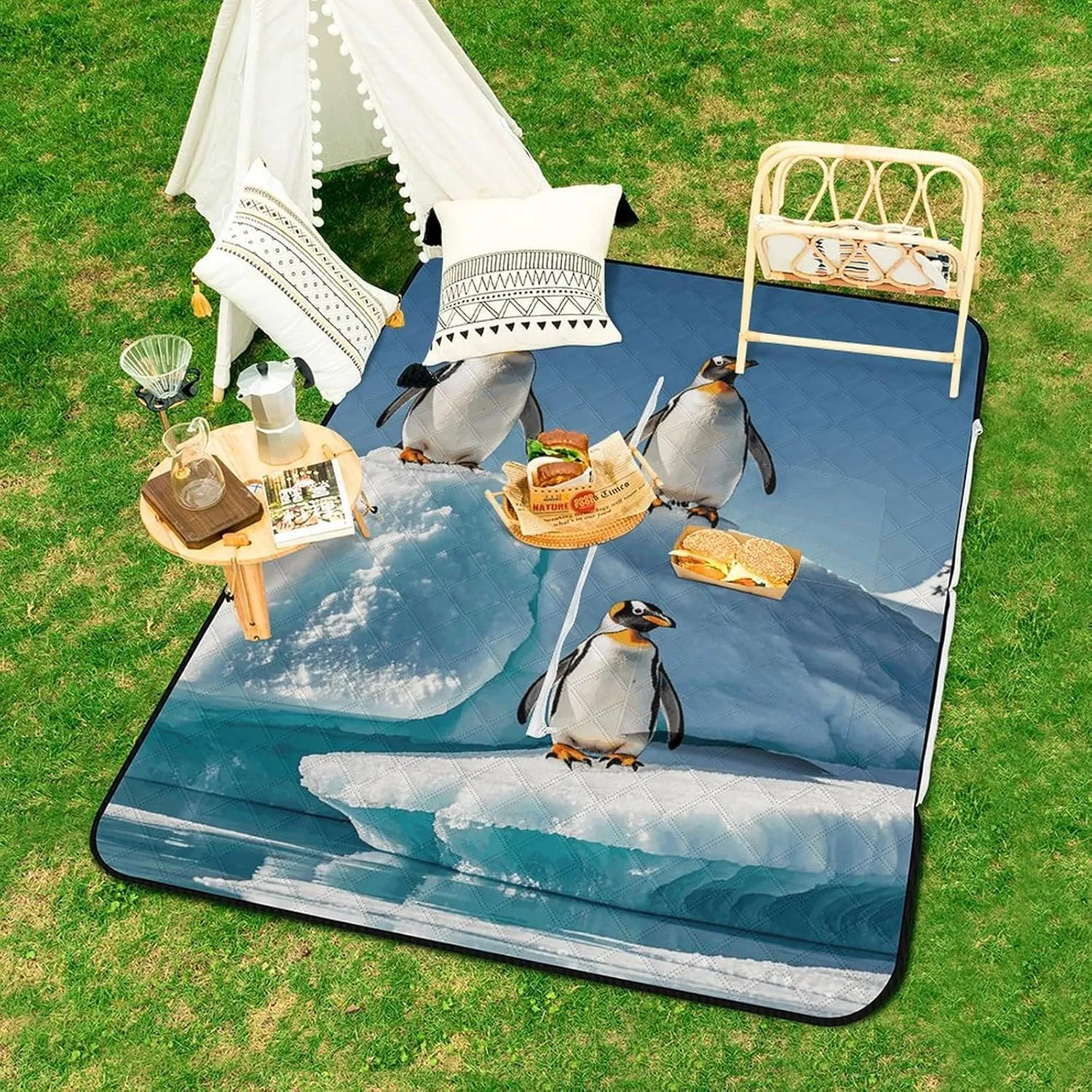 Picnic Blankets Waterproof Picnic Mat Foldable Beach Mat Penguins On The Iceberg Large Outdoor Blanket for Camping, Park, Travel, Hiking