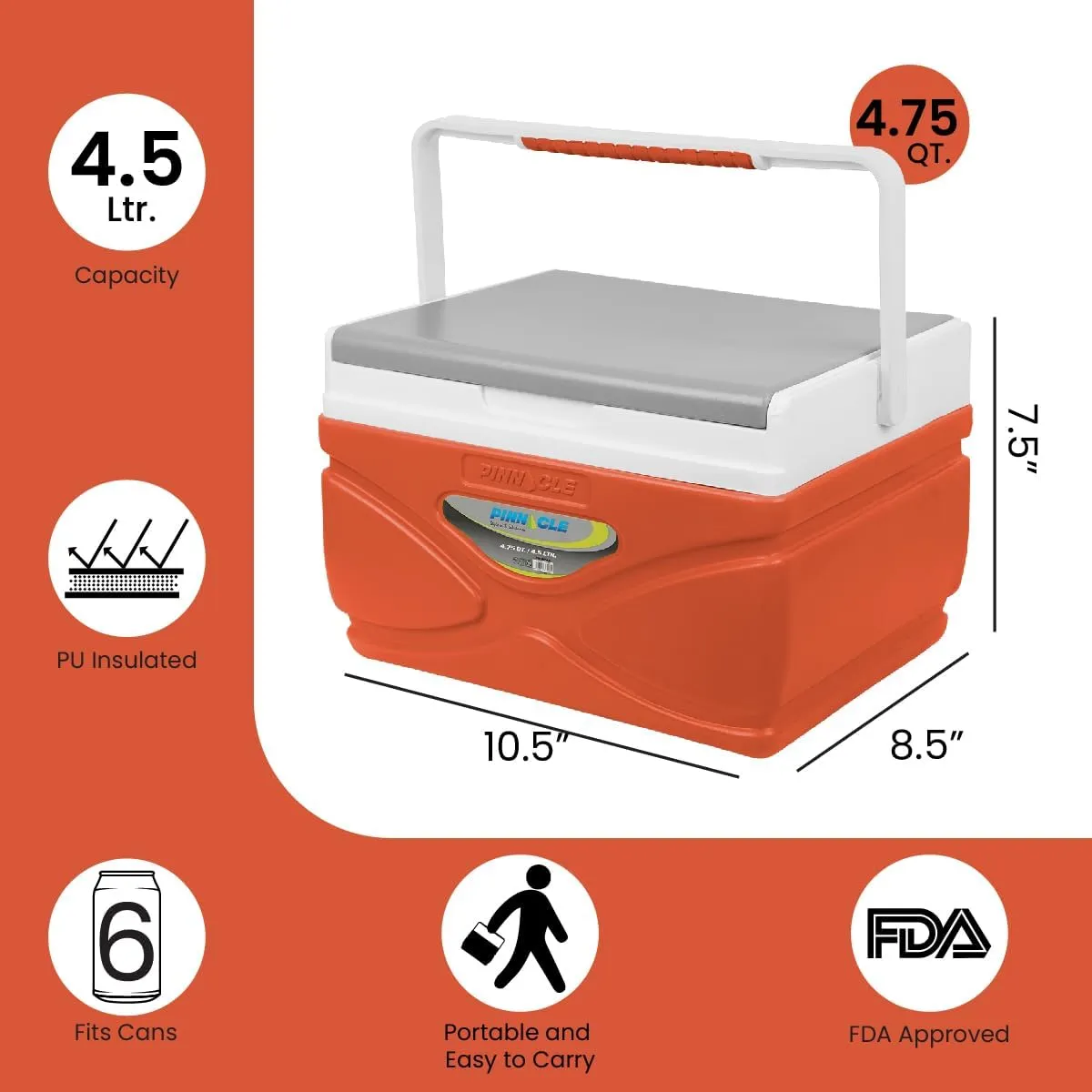 Picnic Cooler – 4.5 Liter Hard Cooler – Coolbox Keeps Contents Cool for 48 Hours – BPA Free Outdoor Cooler – Portable Cooler for Picnics, Grill, Camping (Orange)