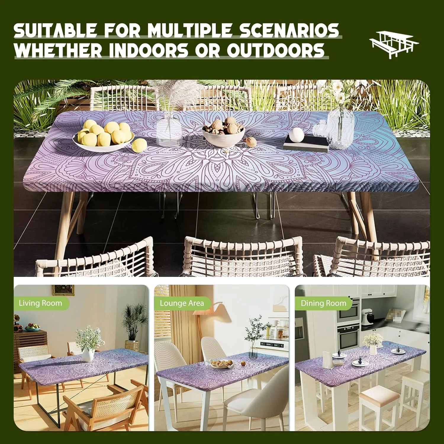 Picnic Table Cover & Bench Covers, 3 Pcs Waterproof Camping Essentials, Elastic Fitted Tablecloths for 6 Foot Rectangle Tables (Style14)
