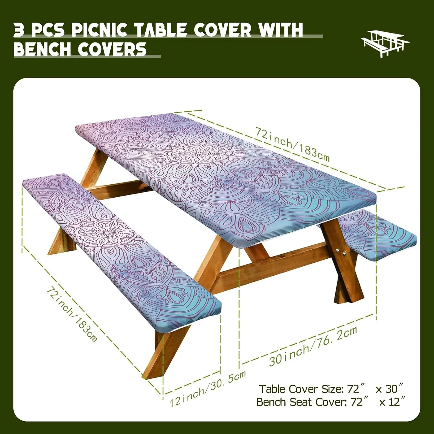 Picnic Table Cover & Bench Covers, 3 Pcs Waterproof Camping Essentials, Elastic Fitted Tablecloths for 6 Foot Rectangle Tables (Style14)