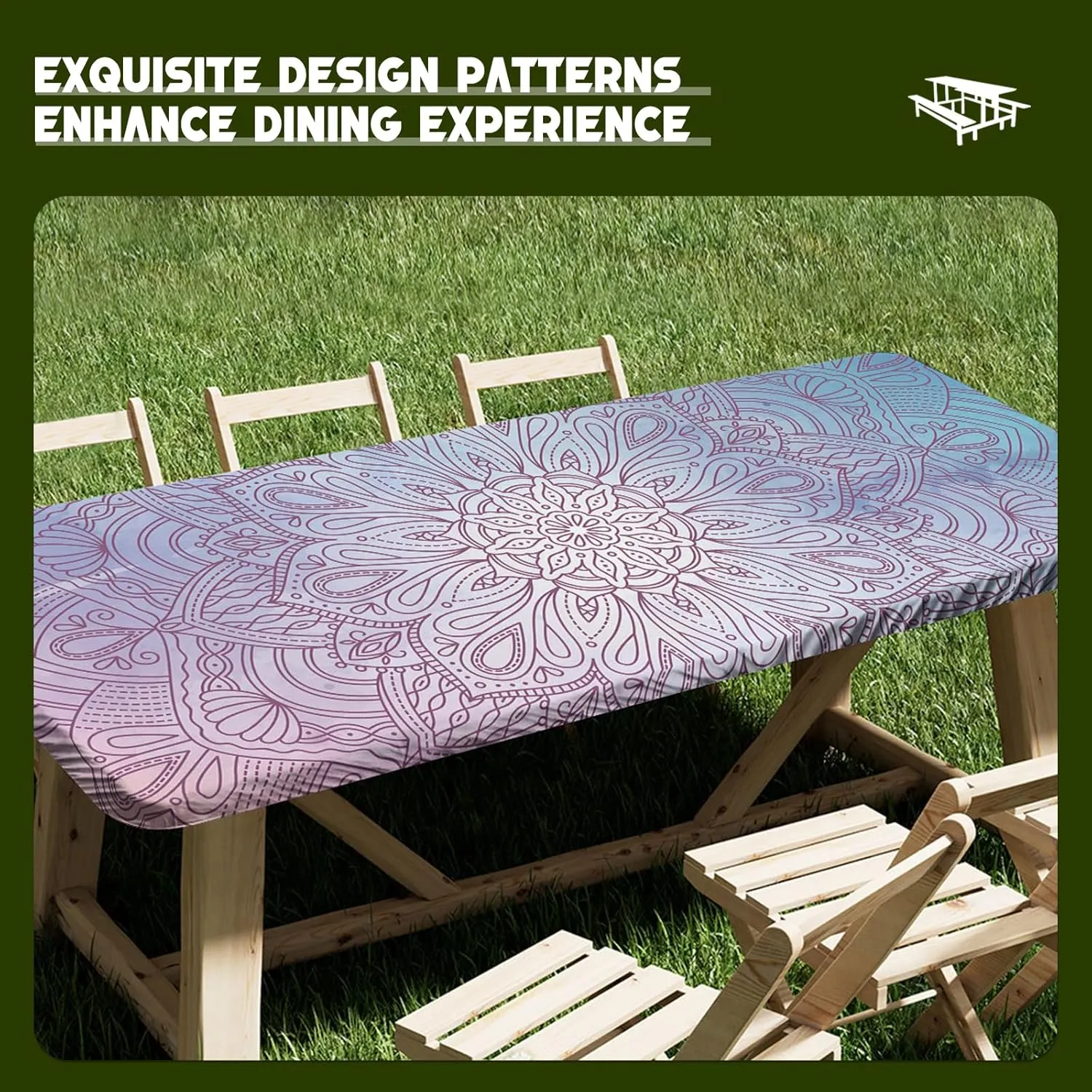 Picnic Table Cover & Bench Covers, 3 Pcs Waterproof Camping Essentials, Elastic Fitted Tablecloths for 6 Foot Rectangle Tables (Style14)