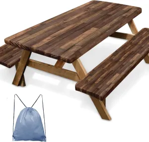 Picnic Table Cover with Bench Covers Elastic Edges, Brown Wood Fitted Table Cover, Outdoor Patio Camping Essentials 96 Inch 3PCS, Waterproof Camping Fitted Tablecloth with Drawstring Bag