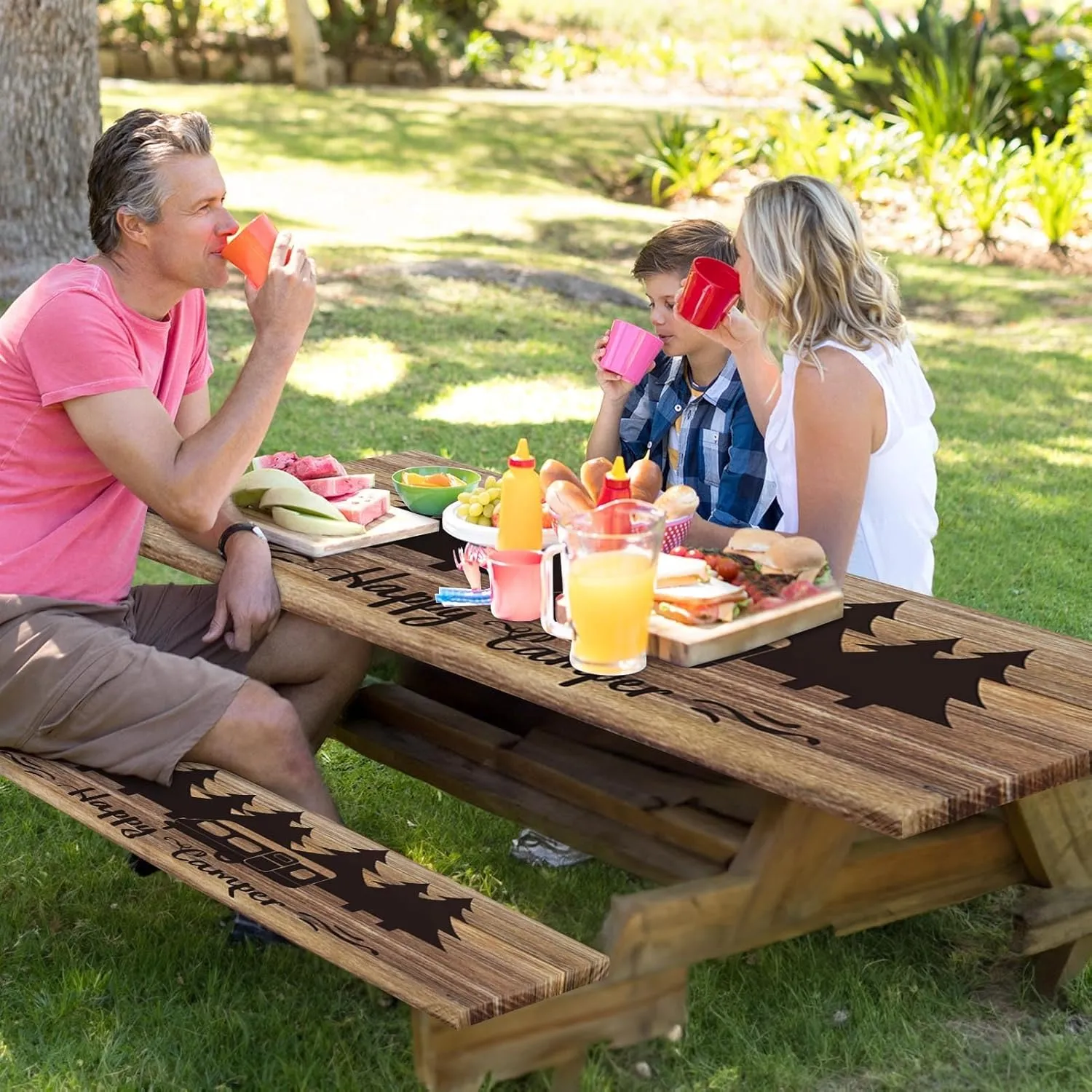 Picnic Table Cover with Bench Covers Elastic Edges, Wooden Camper Fitted Table Cover, Outdoor Patio Camping Essentials 60 Inch 3PCS, Waterproof Camping Fitted Tablecloth with Drawstring Bag