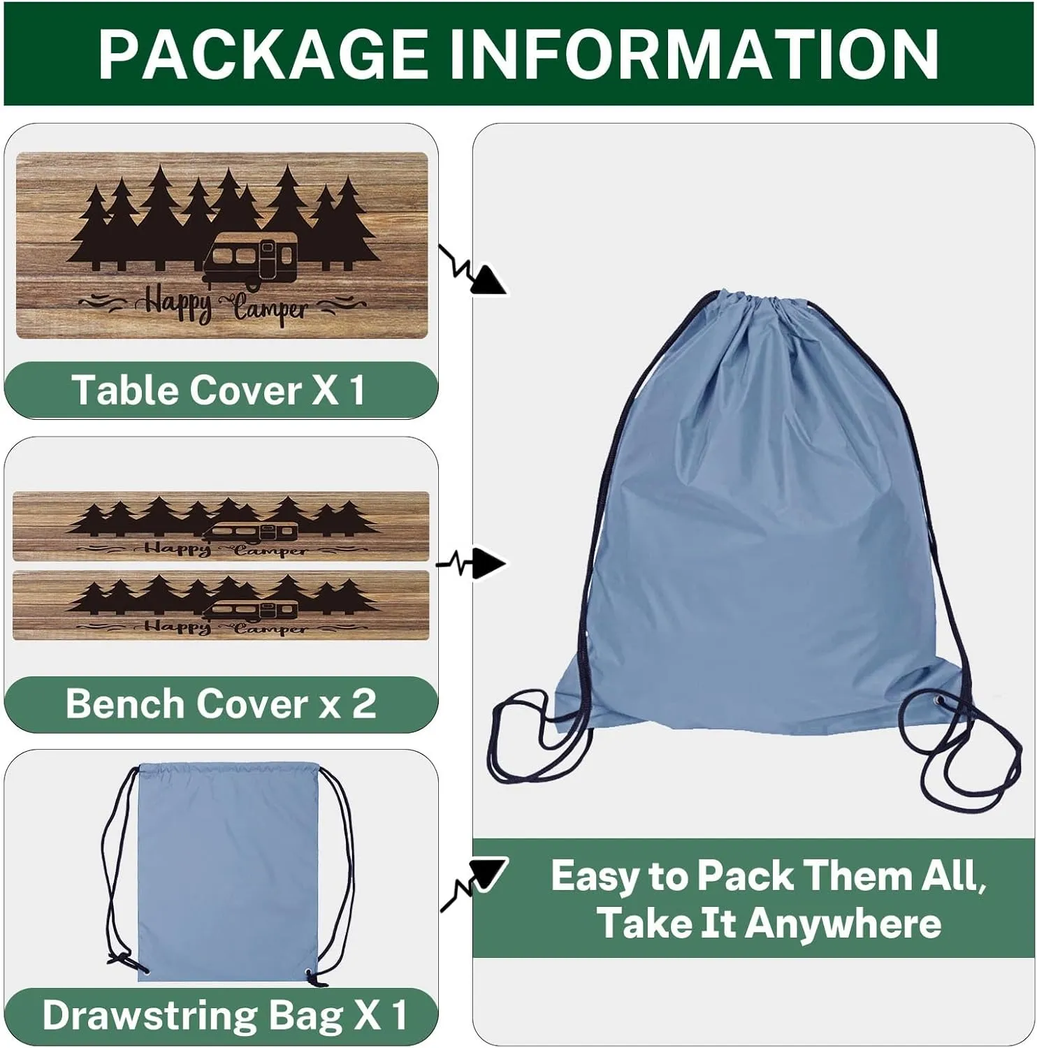 Picnic Table Cover with Bench Covers Elastic Edges, Wooden Camper Fitted Table Cover, Outdoor Patio Camping Essentials 60 Inch 3PCS, Waterproof Camping Fitted Tablecloth with Drawstring Bag