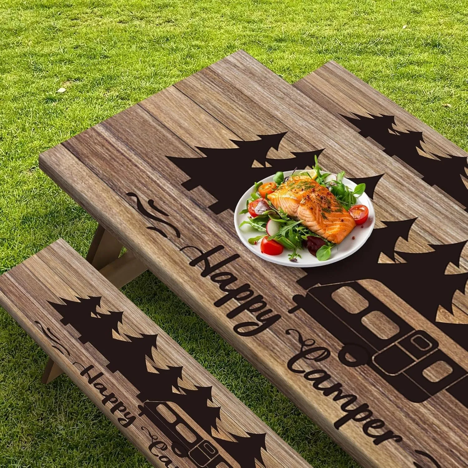 Picnic Table Cover with Bench Covers Elastic Edges, Wooden Camper Fitted Table Cover, Outdoor Patio Camping Essentials 60 Inch 3PCS, Waterproof Camping Fitted Tablecloth with Drawstring Bag