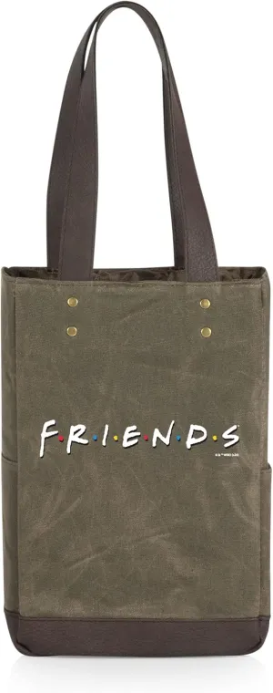 PICNIC TIME Friends 2 Bottle Insulated Wine Bag, Distressed Waxed Canvas Wine Tote Bag, Wine Gift Bag, (Khaki Green with Beige Accents)