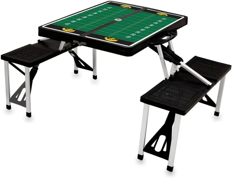 PICNIC TIME NCAA Iowa Hawkeyes Football Field Folding Picnic Table - Camping Table - Outdoor Table with Umbrella Hole, (Black)