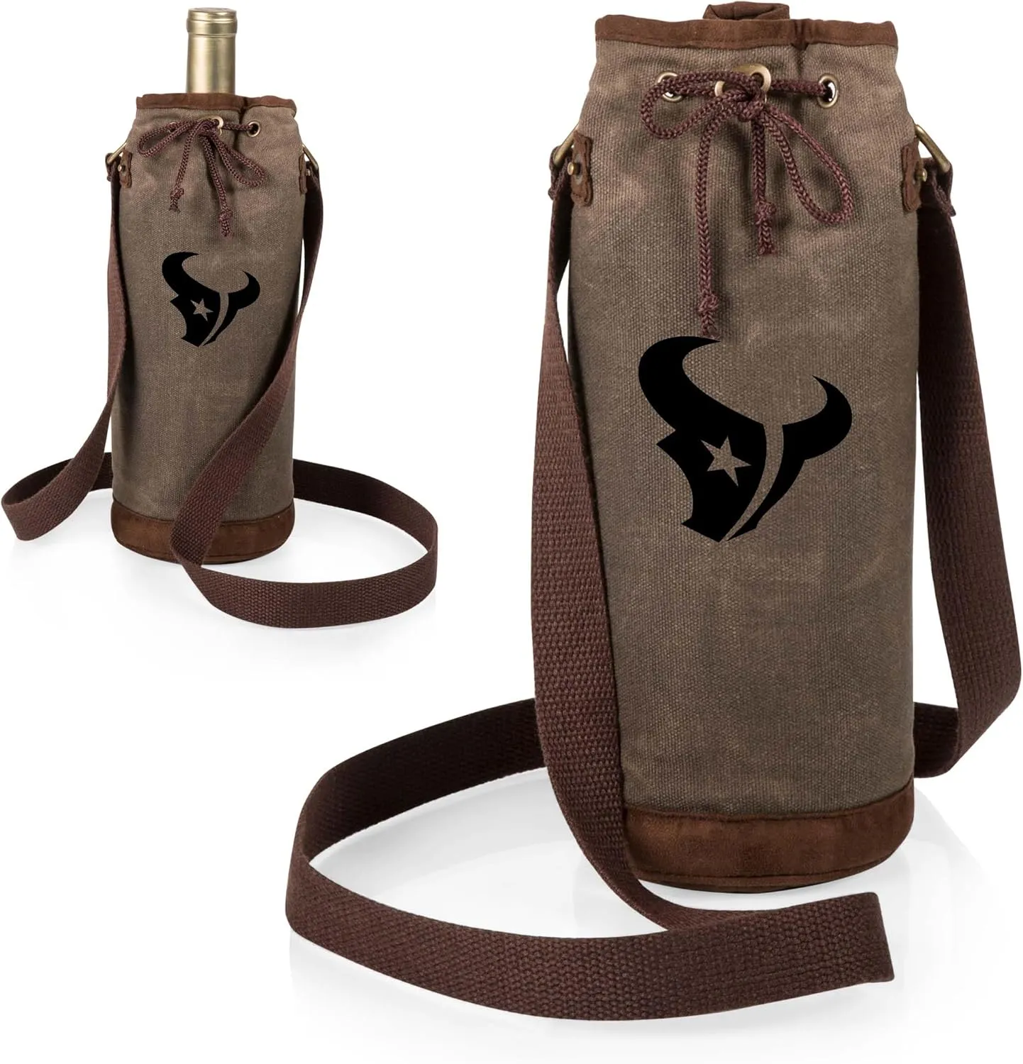 PICNIC TIME NFL Distressed Waxed Canvas Wine Tote, Single Bottle Insulated Bag, Bottle Carrier, Wine Gift Bag, Khaki Green