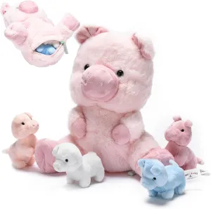 Pig Stuffed Animal - Mommy Pig Stuffed Animal with 4 Baby plushie Piggies, Fluffy Farm Animal Toy- Squishy Guinea Piglet Stuffed Animal Gift for Kids - Ideal Gifts for Girls