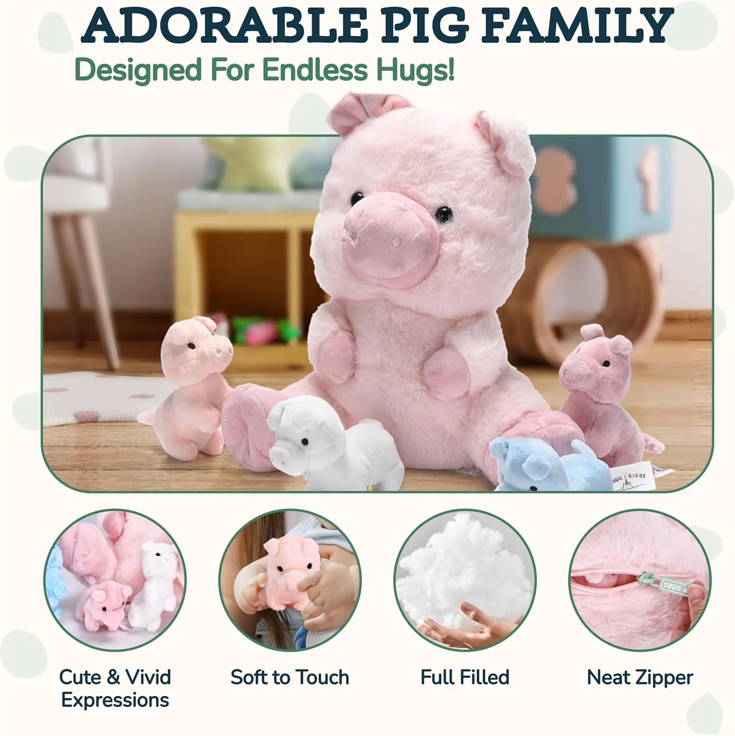Pig Stuffed Animal - Mommy Pig Stuffed Animal with 4 Baby plushie Piggies, Fluffy Farm Animal Toy- Squishy Guinea Piglet Stuffed Animal Gift for Kids - Ideal Gifts for Girls