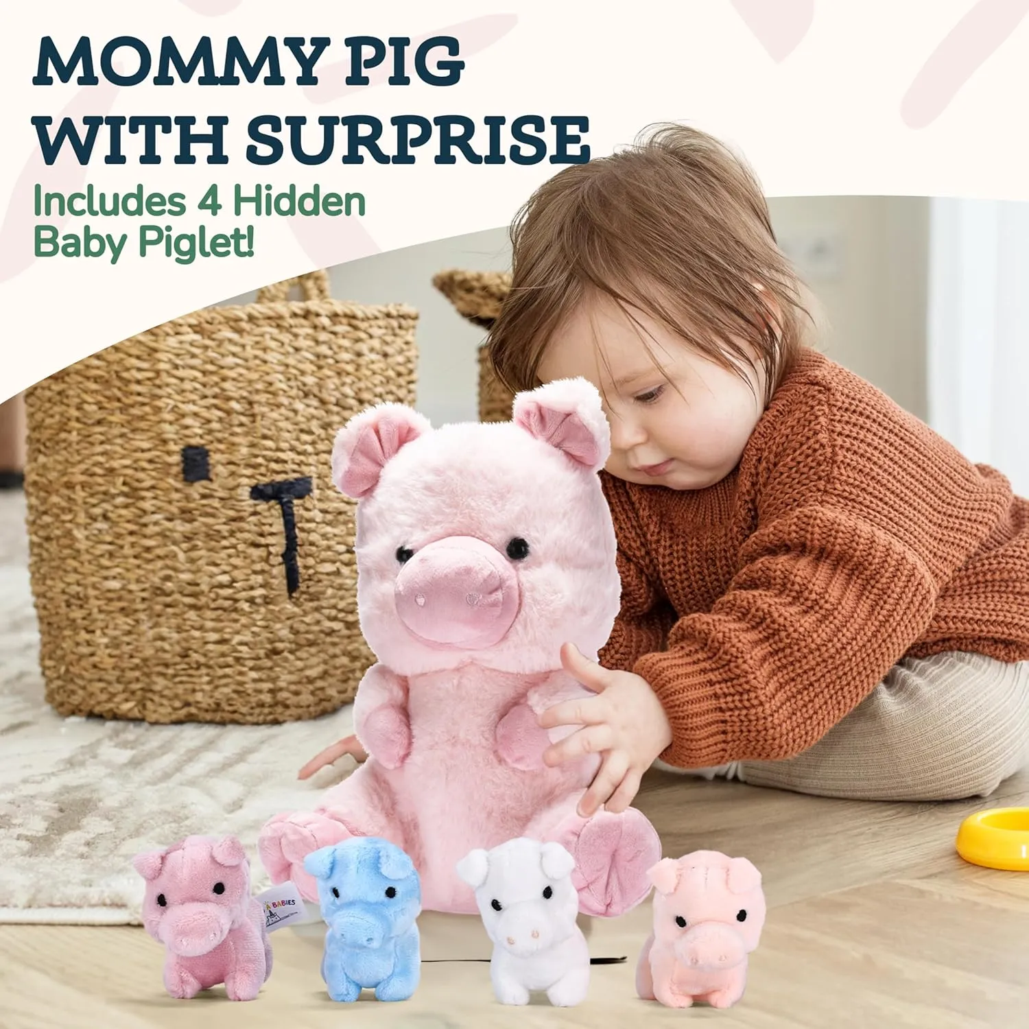 Pig Stuffed Animal - Mommy Pig Stuffed Animal with 4 Baby plushie Piggies, Fluffy Farm Animal Toy- Squishy Guinea Piglet Stuffed Animal Gift for Kids - Ideal Gifts for Girls