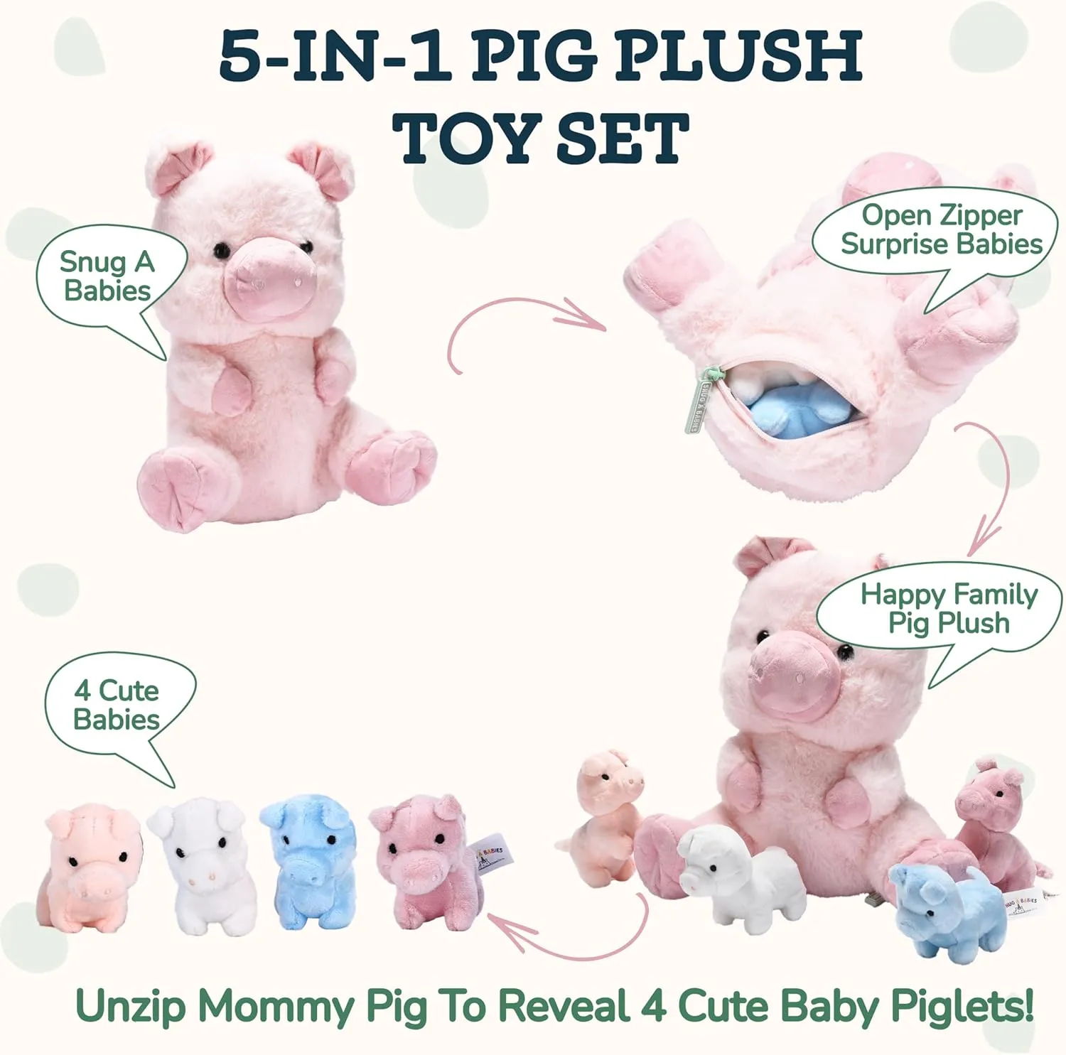 Pig Stuffed Animal - Mommy Pig Stuffed Animal with 4 Baby plushie Piggies, Fluffy Farm Animal Toy- Squishy Guinea Piglet Stuffed Animal Gift for Kids - Ideal Gifts for Girls