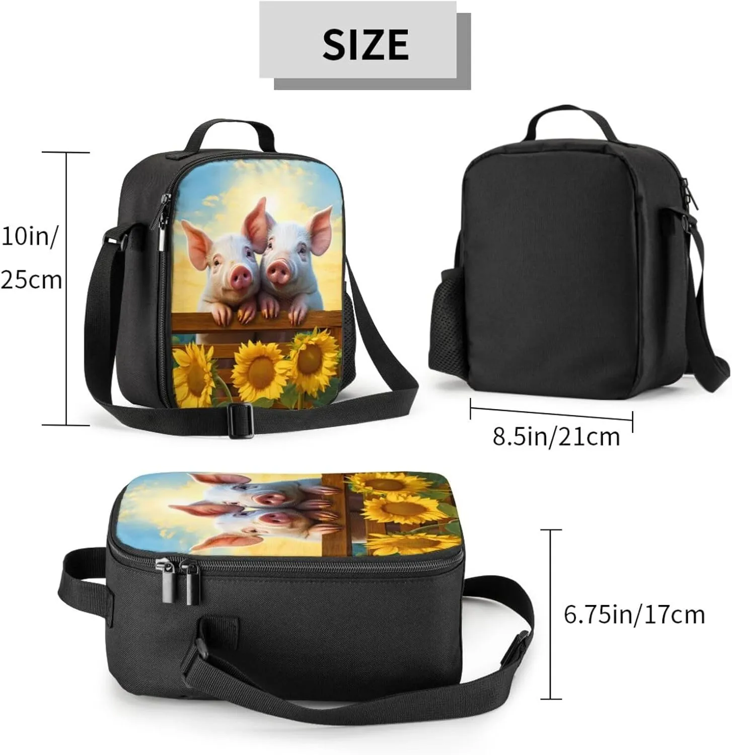 Pigs Lunch Box - Insulated Lunch Box for Kids Funny 3D Design Sunflower Background with Side Pocket & Shoulder Strap Lunch Bag Perfect for School/Camping/Hiking/Picnic/Beach/Travel