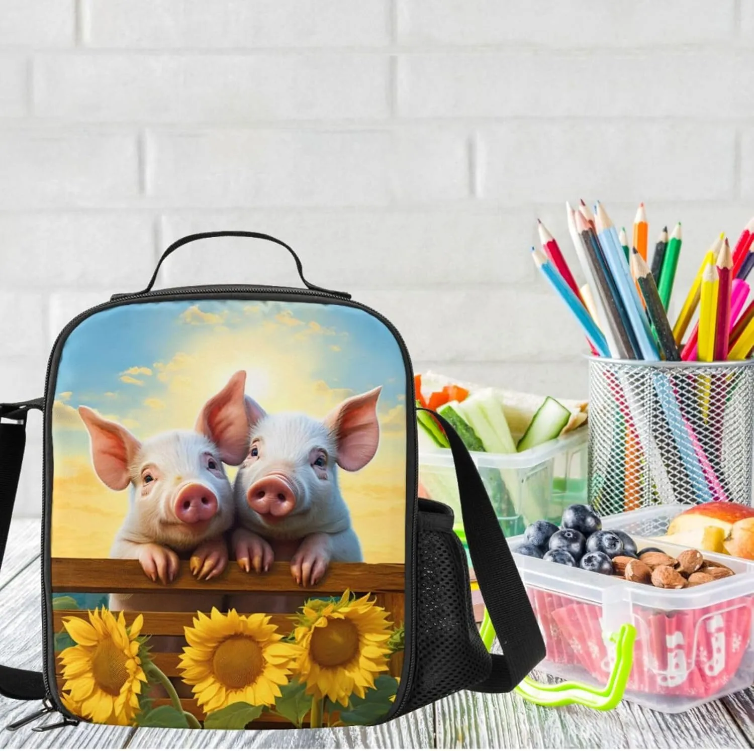 Pigs Lunch Box - Insulated Lunch Box for Kids Funny 3D Design Sunflower Background with Side Pocket & Shoulder Strap Lunch Bag Perfect for School/Camping/Hiking/Picnic/Beach/Travel