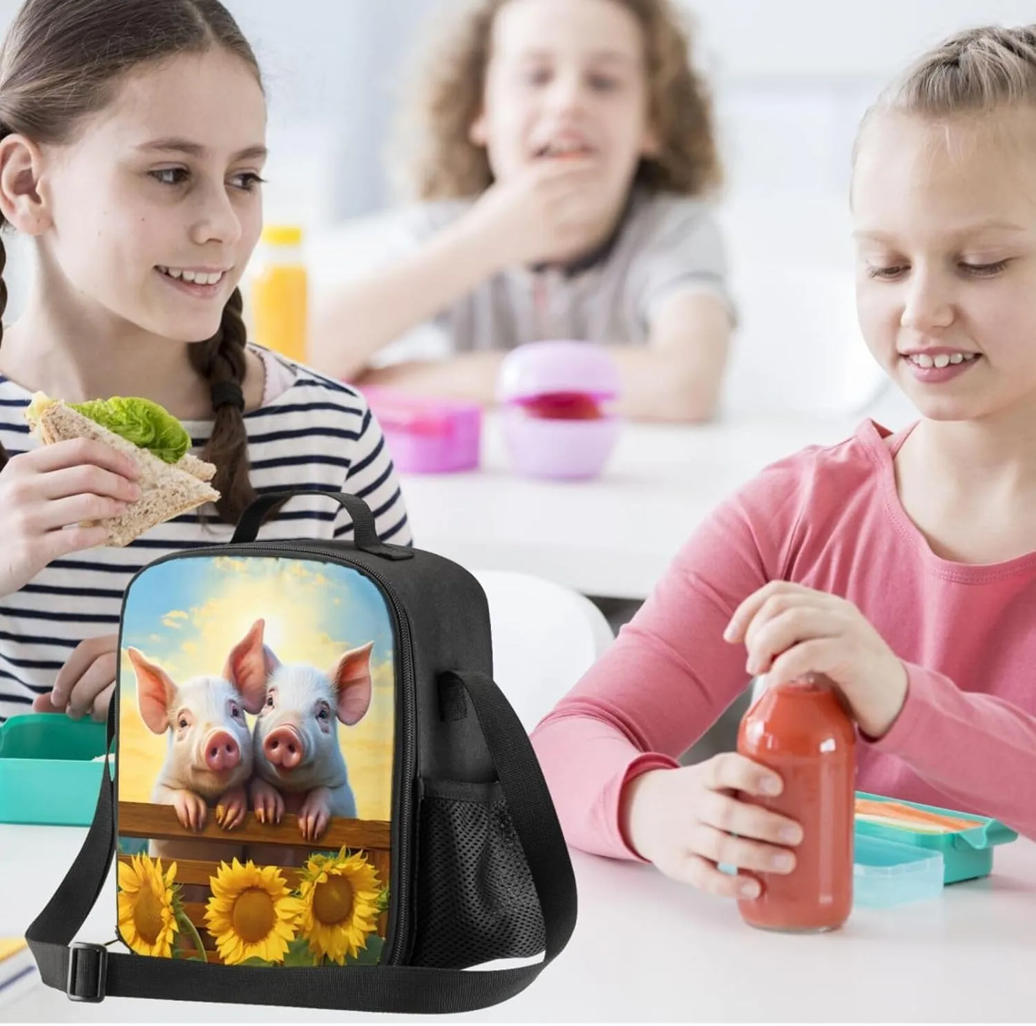 Pigs Lunch Box - Insulated Lunch Box for Kids Funny 3D Design Sunflower Background with Side Pocket & Shoulder Strap Lunch Bag Perfect for School/Camping/Hiking/Picnic/Beach/Travel