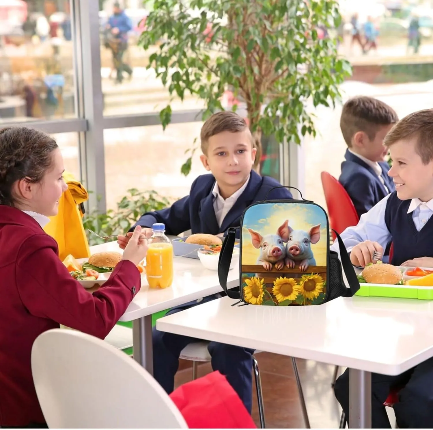 Pigs Lunch Box - Insulated Lunch Box for Kids Funny 3D Design Sunflower Background with Side Pocket & Shoulder Strap Lunch Bag Perfect for School/Camping/Hiking/Picnic/Beach/Travel