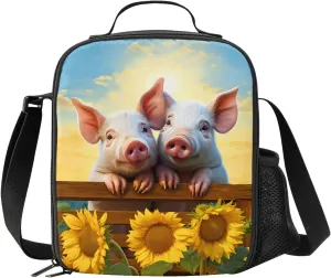 Pigs Lunch Box - Insulated Lunch Box for Kids Funny 3D Design Sunflower Background with Side Pocket & Shoulder Strap Lunch Bag Perfect for School/Camping/Hiking/Picnic/Beach/Travel