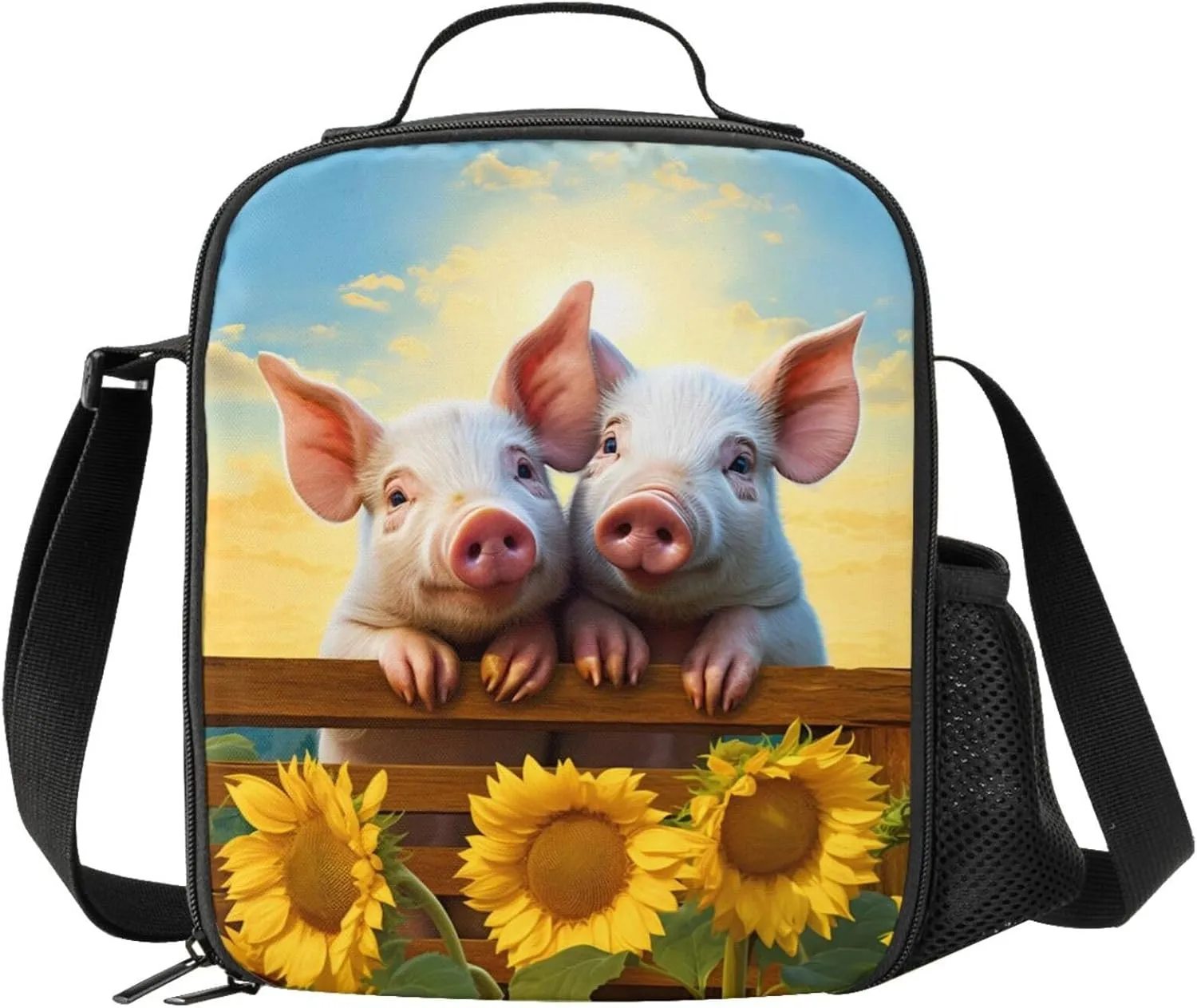 Pigs Lunch Box - Insulated Lunch Box for Kids Funny 3D Design Sunflower Background with Side Pocket & Shoulder Strap Lunch Bag Perfect for School/Camping/Hiking/Picnic/Beach/Travel