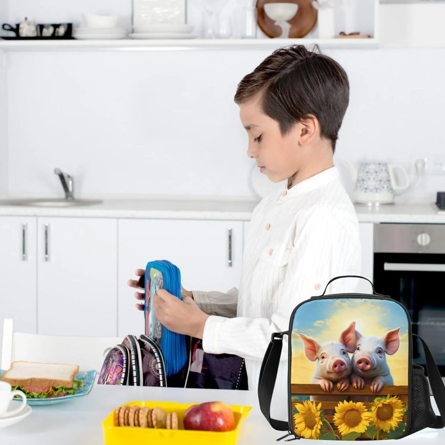Pigs Lunch Box - Insulated Lunch Box for Kids Funny 3D Design Sunflower Background with Side Pocket & Shoulder Strap Lunch Bag Perfect for School/Camping/Hiking/Picnic/Beach/Travel