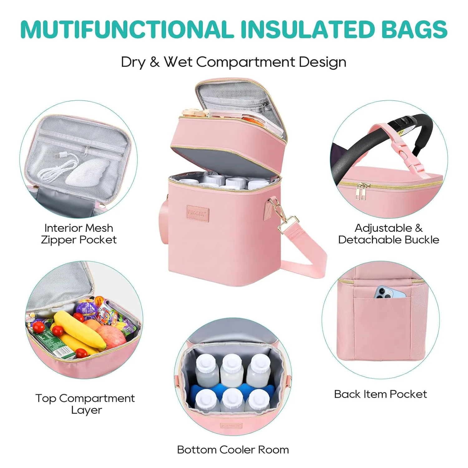 PIIOSER Breastmilk Cooler Bag with Ice Pack Fits 6 Baby Bottles Up to 9 Ounce, Insulated Baby Bottle Tote Bags, Double Layer Waterproof Leak-Proof with Shoulder Strap for Nursing & Working Mom (Pink)