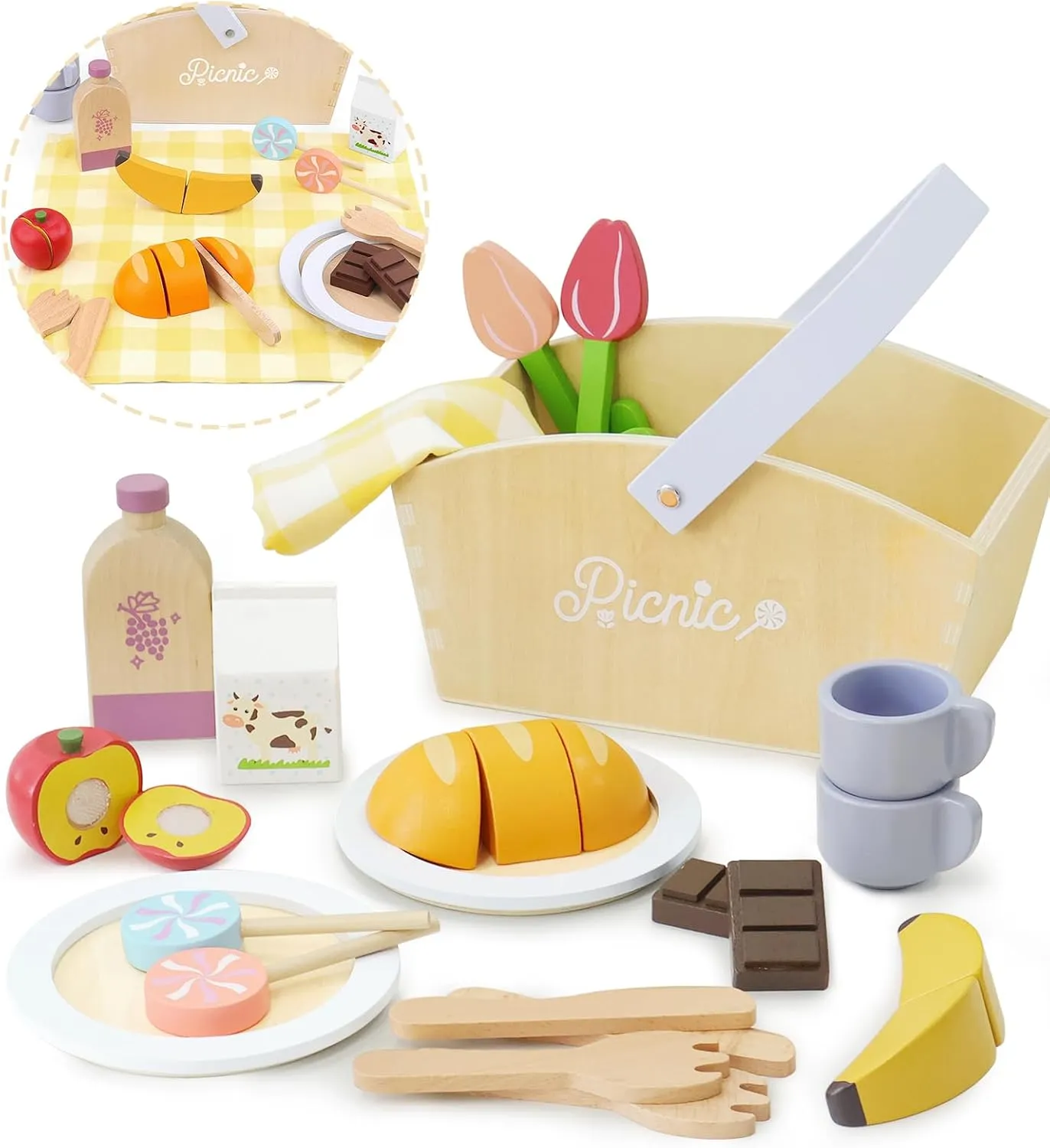 Play Food Sets for Kids Kitchen, Wooden Picnic Basket Playset Toy,Pretend Play Kitchen Food Toy with Cutting Fruits for Toddlers Girls Boys Ages 3 