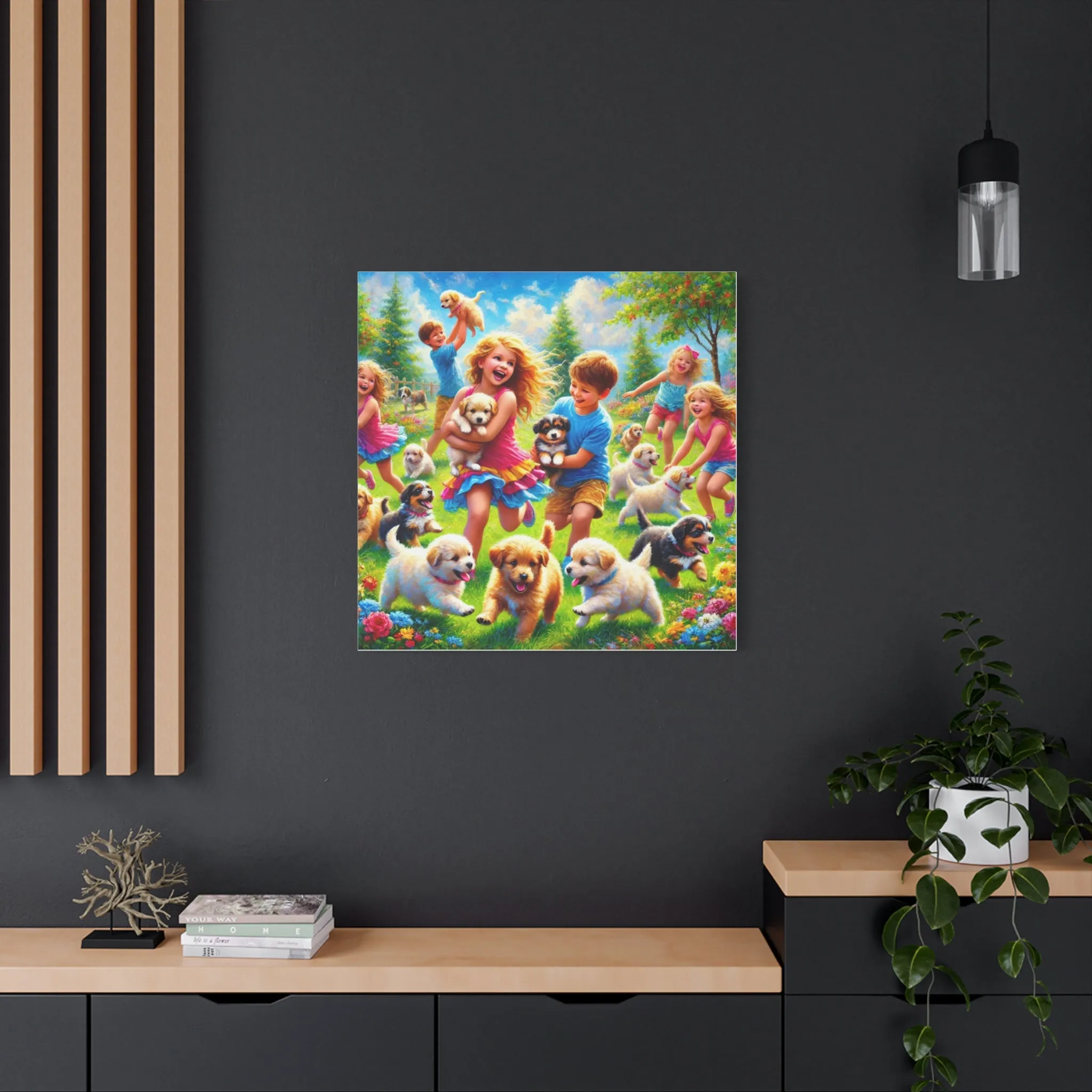 Playful Puppies Canvas Art - Joyful Kids & Dogs Design, Gifts for friends, Gifts for love ones, Home decoration, Office decoration