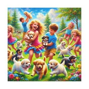 Playful Puppies Canvas Art - Joyful Kids & Dogs Design, Gifts for friends, Gifts for love ones, Home decoration, Office decoration