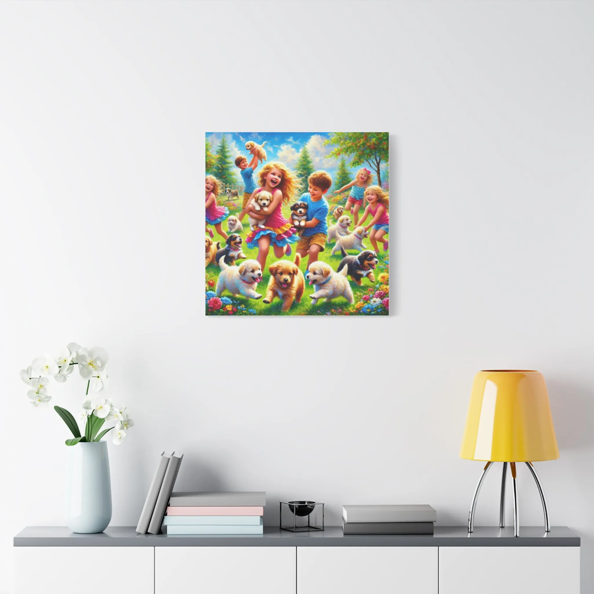Playful Puppies Canvas Art - Joyful Kids & Dogs Design, Gifts for friends, Gifts for love ones, Home decoration, Office decoration